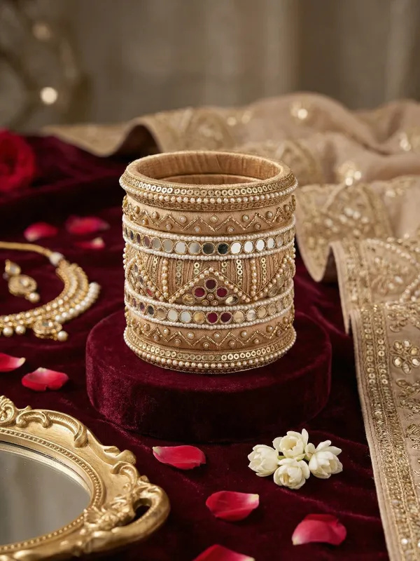 Vayuna Cream-Golden Mirror Handwork Bangle set